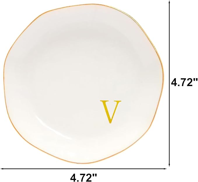 Ceramic Jewelry Tray Initial Ring Dish Personalized G-Monogrammed Engagement Wedding Gifts, for Birthday Mother's Day Christmas for Women, Ceramic White 4.75" (V)