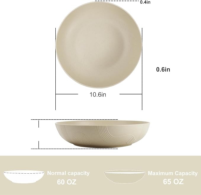 10inches Large Pasta Bowls Set of 6-65oz Wheat Straw Bowls,Bowl Plates,Large Plastic Bowls Reusable for Pasta,Salad,Soup,Unbreakable & Lightweight Bowls for Kitchen,Dishwasher Safe,BPA-Free(Beige)