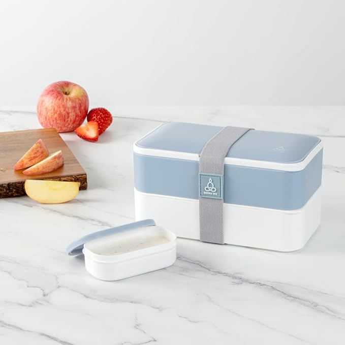 Restaurantware Bento Tek 40.5 Ounces Stackable Lunch Box 1 Reusable Adult Lunch Container - With Utensils Included Sauce Cup Blue & White Plastic Layered Lunch Box Microwavable Dishwashable