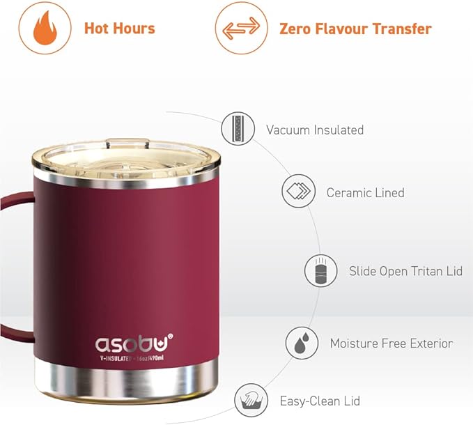 asobu Ultimate Ceramic Travel Mug, 12oz Insulated Stainless Steel Coffee Cup with Handle & Splash-Resistant Lid, Ceramic Lined for Pure Taste, BPA-Free, Double-Wall Vacuum for Hot Drinks
