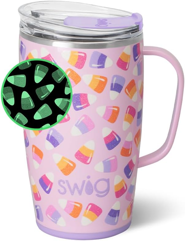 Swig Life 18oz Travel Mug, Halloween Insulated Tumbler with Handle and Lid, Travel Coffee Mug, Cup Holder Friendly, Stainless Steel 18 oz Tumbler, Reusable Insulated with Lid (Candy Corn)