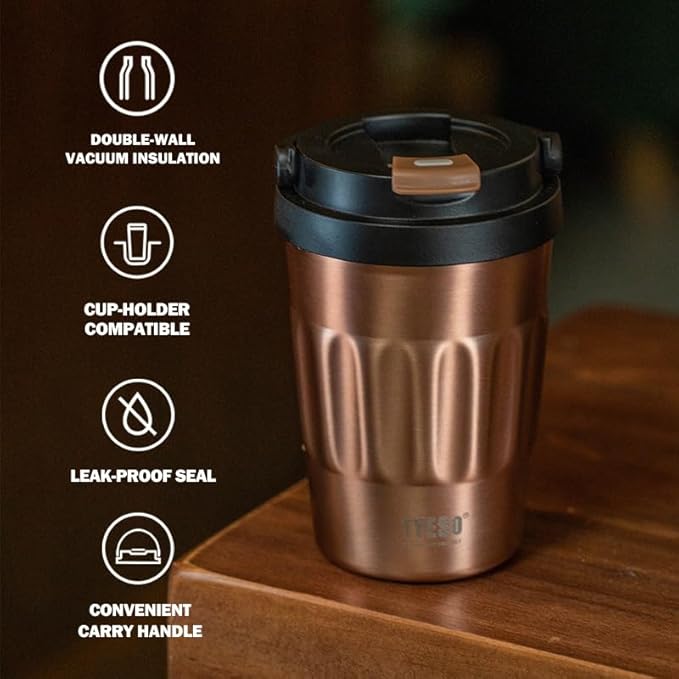 TYESO Stainless Steel Portable Tumbler with Flip Lid,Travel Mug with Concealed Carry Handle, Leakproof Insulated Coffee Cup (BLUE, 13 OZ)