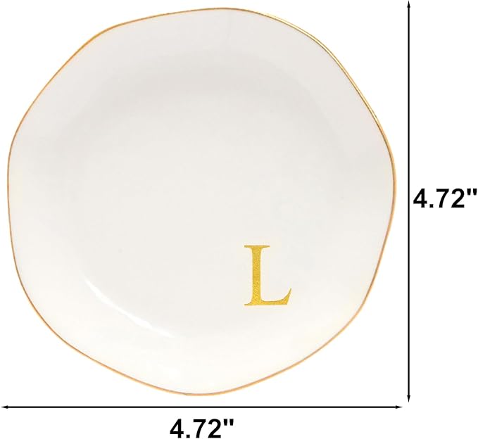 Ceramic Jewelry Tray Initial Ring Dish Personalized L-Monogrammed Engagement Wedding Gifts, for Birthday Mother's Day Christmas for Women, Ceramic White 4.75" (L)