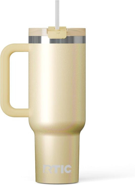 RTIC 40 oz Road Trip Tumbler Double-Walled Cermaic Lined Insulated Stainless Steel Portable Travel Coffee Mug Cup with Lid, Handle and Straw, Sunlight Glitter