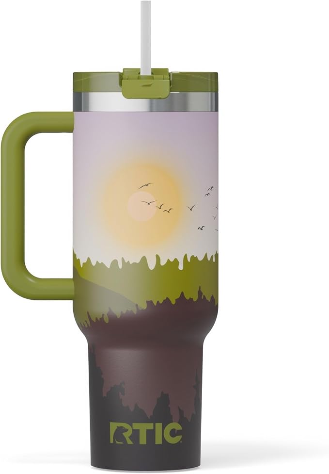 RTIC 40 oz Road Trip Tumbler Double-Walled Cermaic Lined Insulated Stainless Steel Portable Travel Coffee Mug Cup with Lid, Handle and Straw, Deep Woods