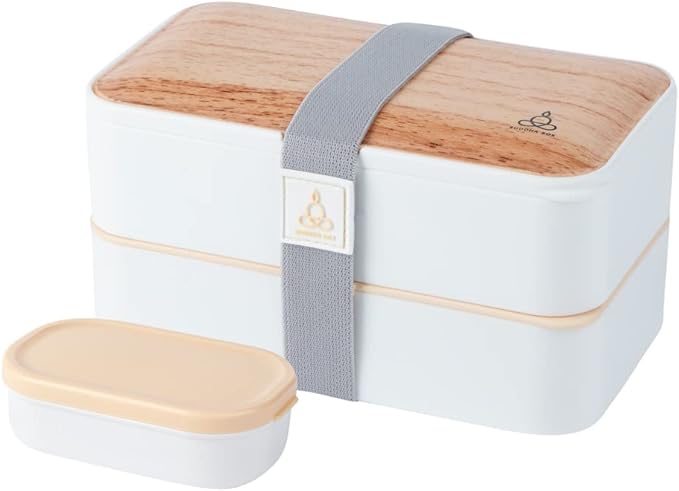 Restaurantware Bento Tek 40.5 Ounces Stackable Lunch Box 1 Reusable Adult Lunch Container - With Utensils Included Sauce Cup Wood Grain & White Plastic Layered Lunch Box Microwavable Dishwashable