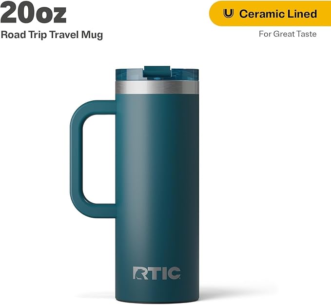 RTIC 20oz Road Trip Travel Mug with Lid and Handle, Ceramic Lined, Insulated, Stainless Steel, Metal, Double Wall Vacuum-Insulation, Portable Coffee, Tea Cup for Hot and Cold Drink, Marine