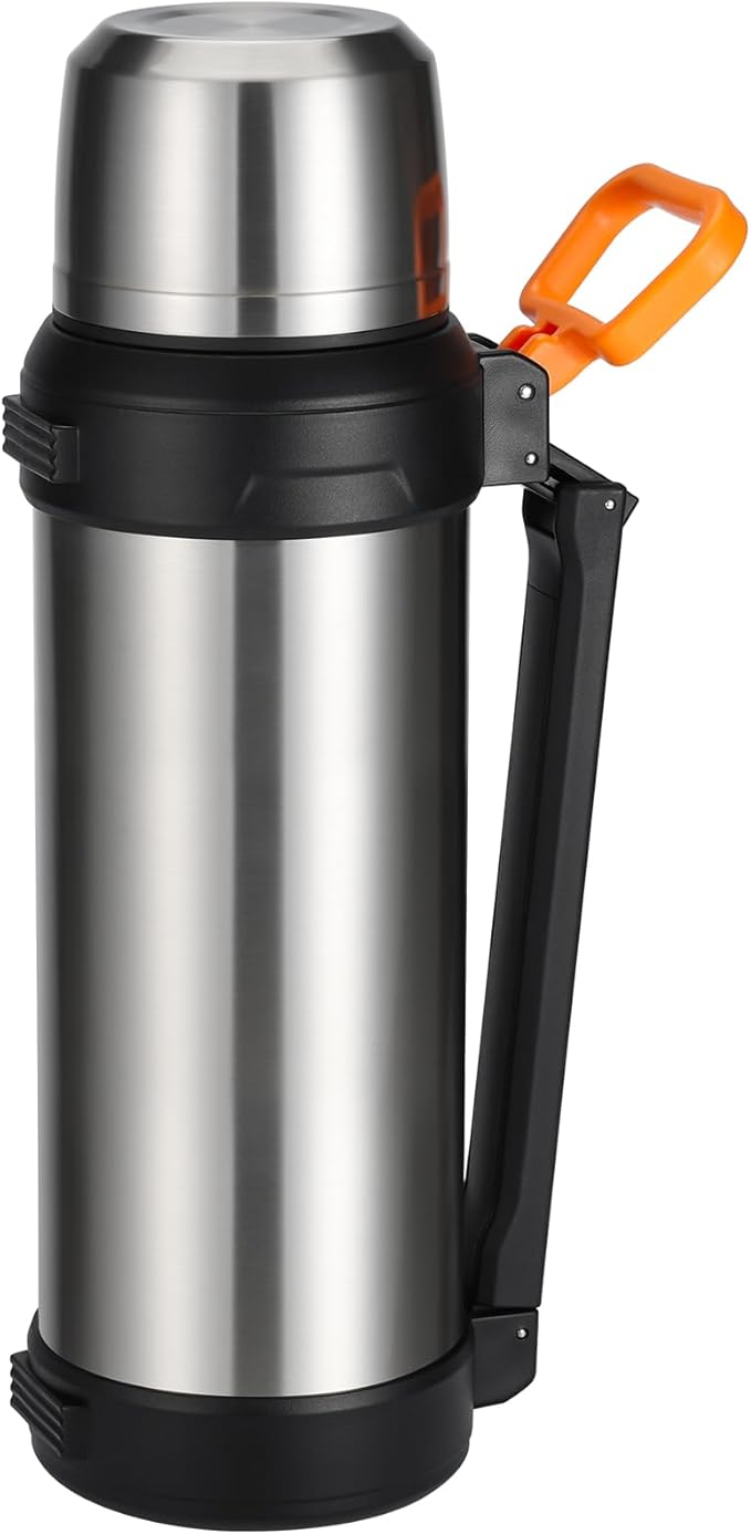 88oz Large Coffee Thermo for Travel, 2500ml Insulated Stainless Steel Water Bottle with Cup and Handle, Water Jug for 24hr Hot and Cold drinks, Vacuum Flask for Camping, Fishing & Working, Silver