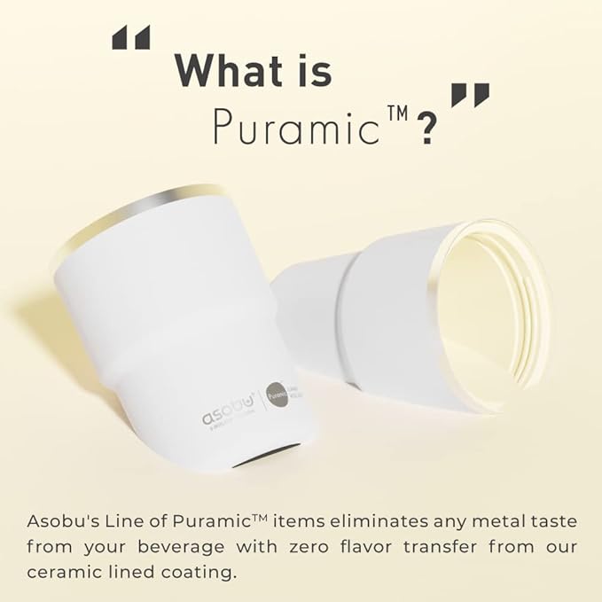 asobu Travel Mug Ceramic Coated Stainless Steel Insulated with Leak and Spill Proof Lid – Fits Standard Cup Holders 12 oz Tumbler (White)