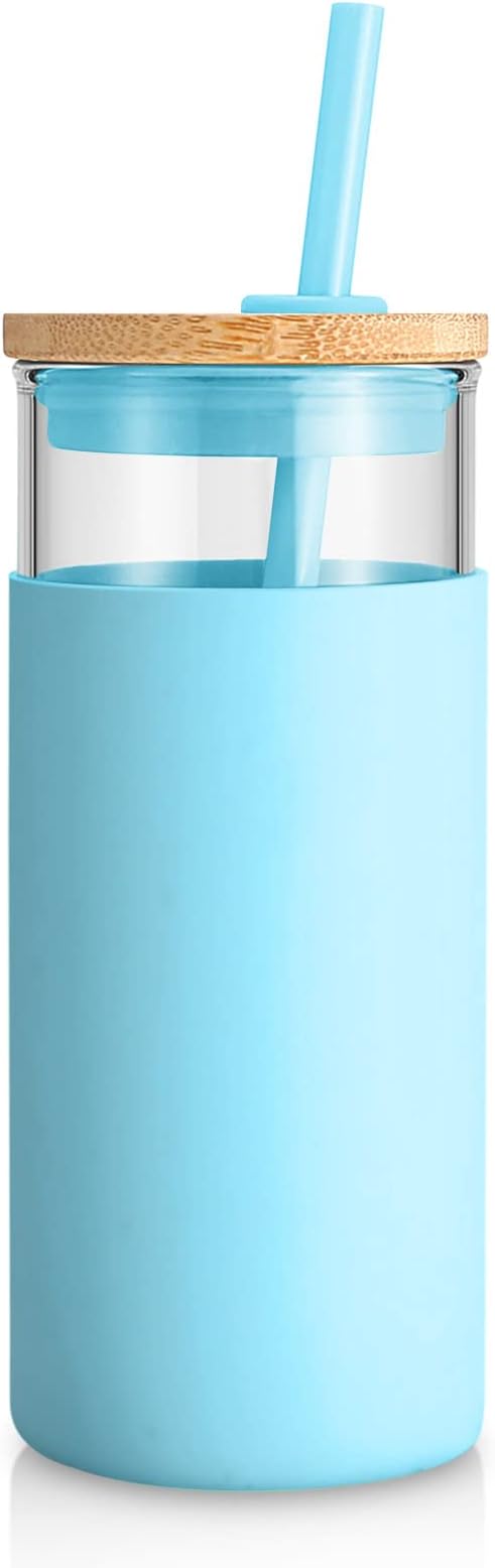 Tronco 20 oz Glass Tumbler with Lid and Straw, Iced Coffee Cup and Smoothie Cup with Bamboo Lids & Protective Silicone Sleeve, Dishwasher Safe, BPA-Free, Glass Cup 1 Pack