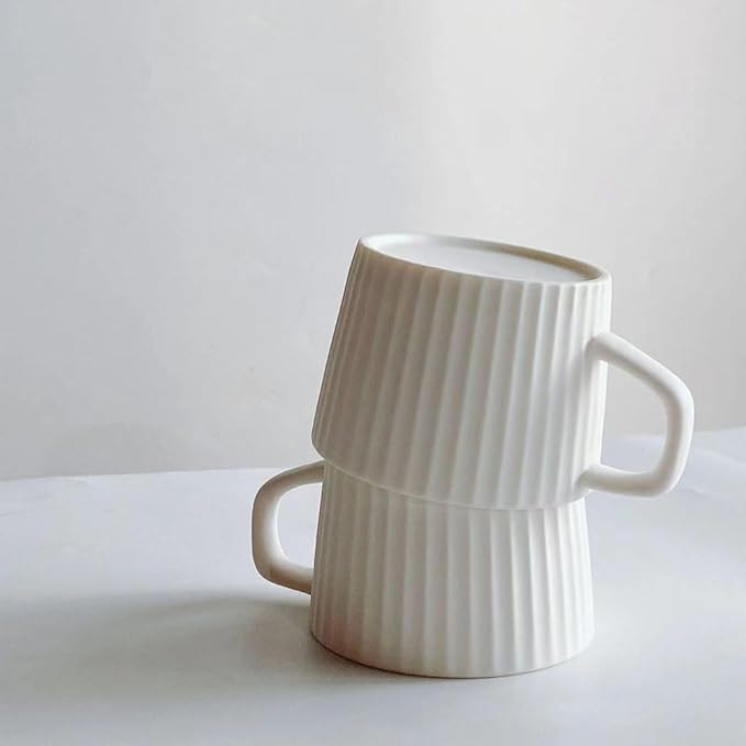 Simple Ceramic Coffee Cup, Striped Coffee Mug with Handle, Latte Cup, Milk Cup, Water Cup, Afternoon Tea Cup (Vertical Stripes)