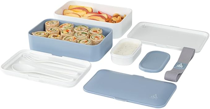 Restaurantware Bento Tek 40.5 Ounces Stackable Lunch Box 1 Reusable Adult Lunch Container - With Utensils Included Sauce Cup Blue & White Plastic Layered Lunch Box Microwavable Dishwashable