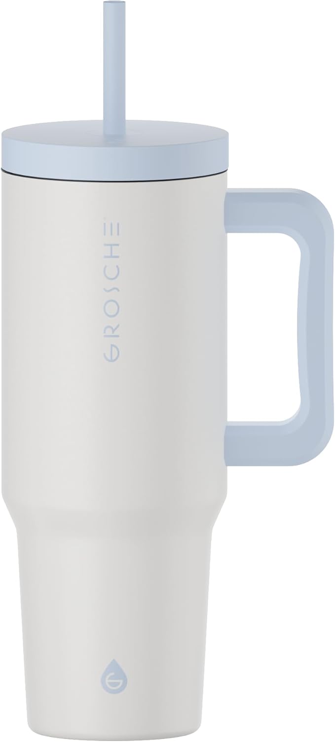 GROSCHE ASPEN 40 oz tumbler with handle and straw. Extreme insulation, classy design, built to last insulated stainless steel tumbler with handle, lid and straw - Frost White