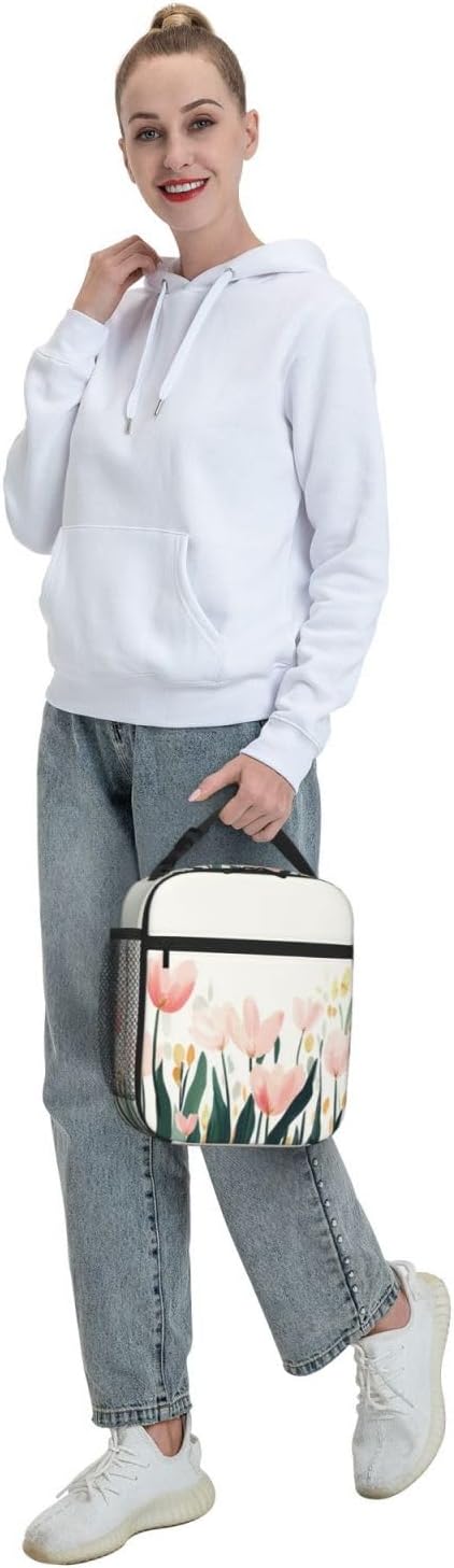 SUPLUCHOM Lunch Bag Tulip Flower Watercolor Insulated Bento Box Cooler with Side Pocket for Girl Boy Women Men Work School Picnic Hiking Daytrip