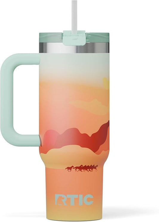 RTIC 30 oz Road Trip Tumbler Double-Walled Ceramic Lined InsulatedStainless Steel Portable Travel Coffee Mug Cup with Lid, Handle and Straw, Desert Sunset