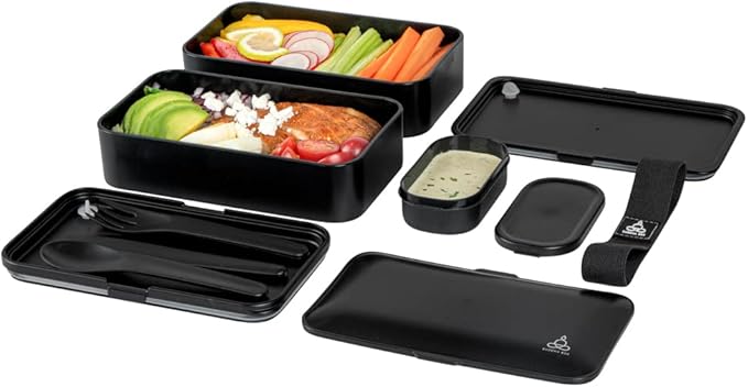 Restaurantware Bento Tek 40.5 Ounces Stackable Lunch Box 1 Reusable Adult Lunch Container - With Utensils Included Sauce Cup Black Plastic Layered Lunch Box Microwavable Dishwashable