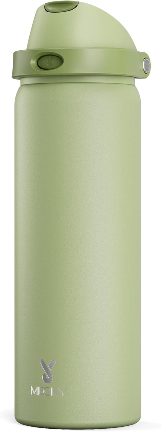 32 oz Insulated Water Bottle with Straw: Meoky Stainless Steel Metal Water Bottle with 2-in-1 Lid - Leak Proof, Cold for 24 Hours, Protective Silicone Base, BPA-Free for Sports Gym, Sage