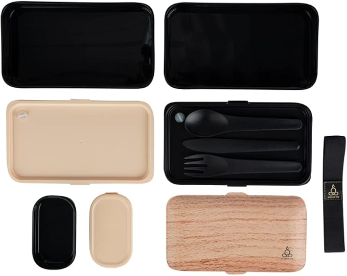 Restaurantware Bento Tek 40.5 Ounces Stackable Lunch Box 1 Reusable Adult Lunch Container - With Utensils Sauce Cup Wood Grain & Black Plastic Layered Lunch Box Microwavable Dishwashable