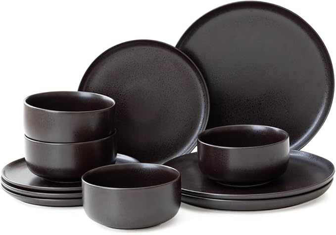 Stoneware Plates and Bowls Set - 12pcs Reactive Glazed Dinnerware Service for 4, Scratch & Chip Resistant(Ink Spot Brown)