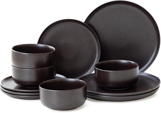 Stoneware Plates and Bowls Set - 12pcs Reactive Glazed Dinnerware Service for 4, Scratch & Chip Resistant(Ink Spot Brown)