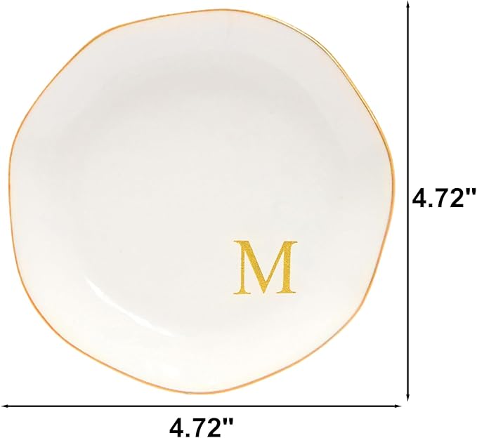 Ceramic Jewelry Tray Initial Ring Dish Personalized M-Monogrammed Engagement Wedding Gifts, for Birthday Mother's Day Christmas for Women, Ceramic White 4.75" (M)