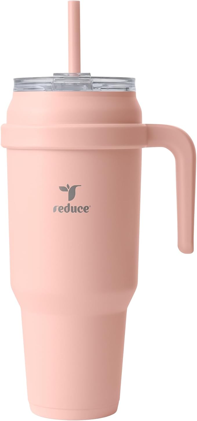 REDUCE 50 oz Stainless Steel Tumbler with Handle - Dual-Wall Vacuum Insulated Travel Mug, Sweat-Proof Lid & Reusable Straw - Keeps Drinks Cold for 24 Hrs, Fits Cupholders, Dishwasher Safe - Pink Clay