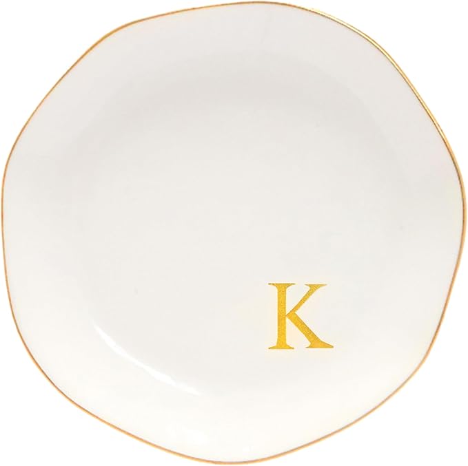 Ceramic Jewelry Tray Initial Ring Dish Personalized K-Monogrammed Engagement Wedding Gifts, for Birthday Mother's Day Christmas for Women, Ceramic White 4.75" (K)