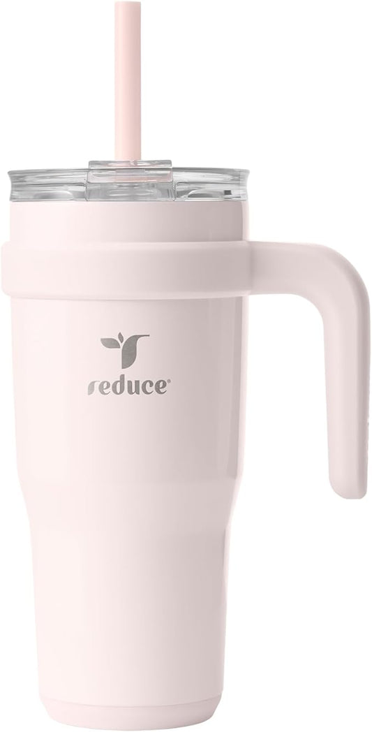 REDUCE 24 oz Stainless Steel Tumbler with Handle - Dual-Wall Vacuum Insulated Travel Mug, Sweat-Proof Lid & Reusable Straw - Keeps Drinks Cold for 24 Hrs, Fits Cupholders, Dishwasher Safe-Pink Cotton