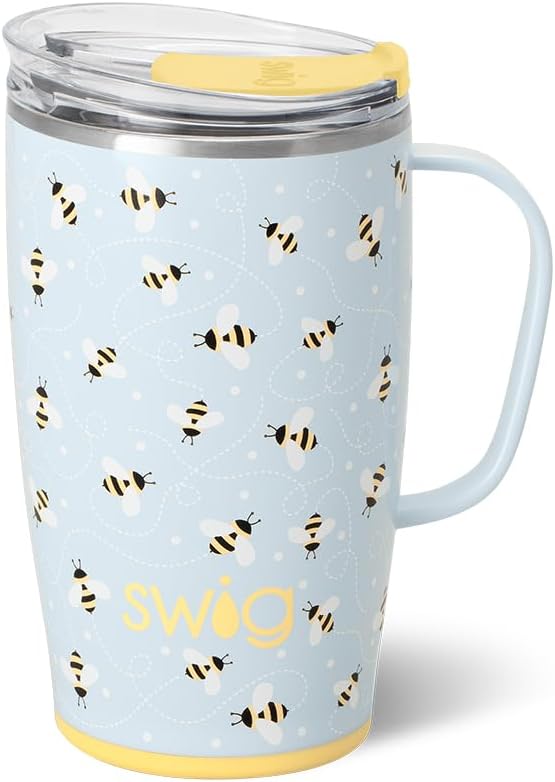 Swig Life 18oz Travel Mug, Insulated Tumbler with Handle and Lid, Cup Holder Friendly, Dishwasher Safe, Stainless Steel, Travel Coffee Cup (Busy Bee)