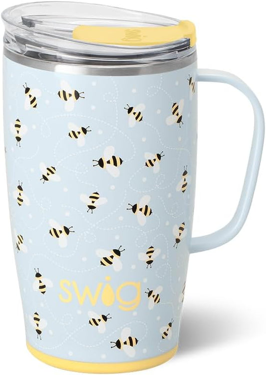 Swig Life 18oz Travel Mug, Insulated Tumbler with Handle and Lid, Cup Holder Friendly, Dishwasher Safe, Stainless Steel, Travel Coffee Cup (Busy Bee)