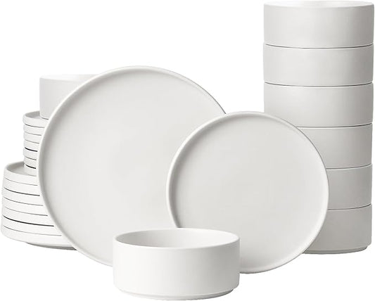 GZG Classic Series - Plates and Bowls Set for 8, 24 Piece Stoneware Dinnerware Sets, Microwave and Dishwasher Safe Lead-Free Handcrafted Ceramic Dishes Set - Ivory White