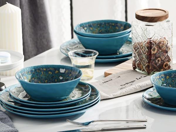 FINE&NICE Melamine Dinnerware Set of 12Pcs, Dish Set for 4, Lightweight Unbreakable Plates and Bowls Set, Great for RVs Camping, Dishwasher Safe,Rusty Blue