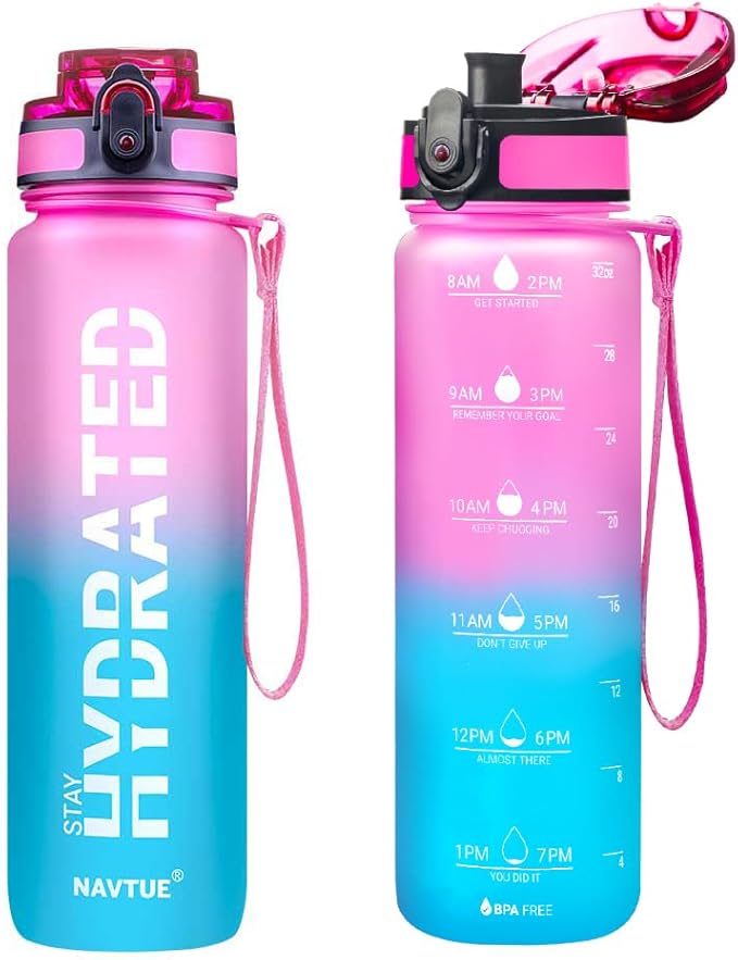 Water Bottle, 32oz Sports Water Bottles with Time Marker Wide Mouth, Motivational and Leakproof Drink Bottle, BPA Free Tritan with Carry Strap for Gym Fitness Outdoor (Direct Drink 1 Bottle)