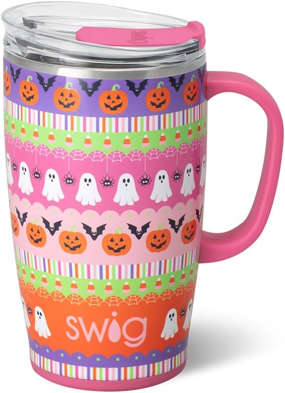 Swig Life 18oz Travel Mug, Halloween Insulated Tumbler with Handle and Lid, Travel Coffee Mug, Cup Holder Friendly, Stainless Steel 18 oz Tumbler, Reusable Insulated with Lid (Trick or Treat)