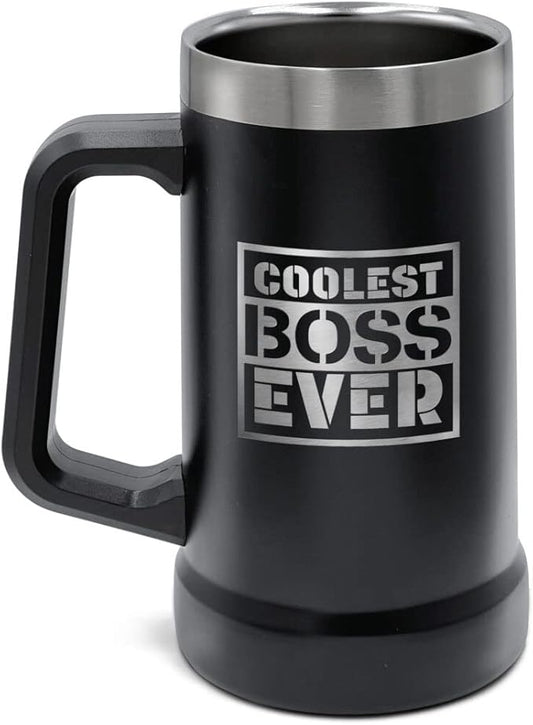 GALVANOX Stainless Steel Beer Mug Gift for Boss - Insulated XL 24oz Large Beer Stein Cup with Handle for Christmas/Office Appreciation Day, Gift Boxed “Coolest Boss Ever”