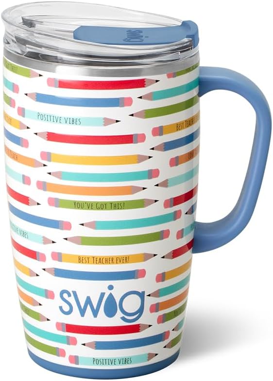 Swig Life 18oz Travel Mug, Insulated Tumbler with Handle and Lid, Cup Holder Friendly, Dishwasher Safe, Stainless Steel, Travel Coffee Cup (Teacher Life)