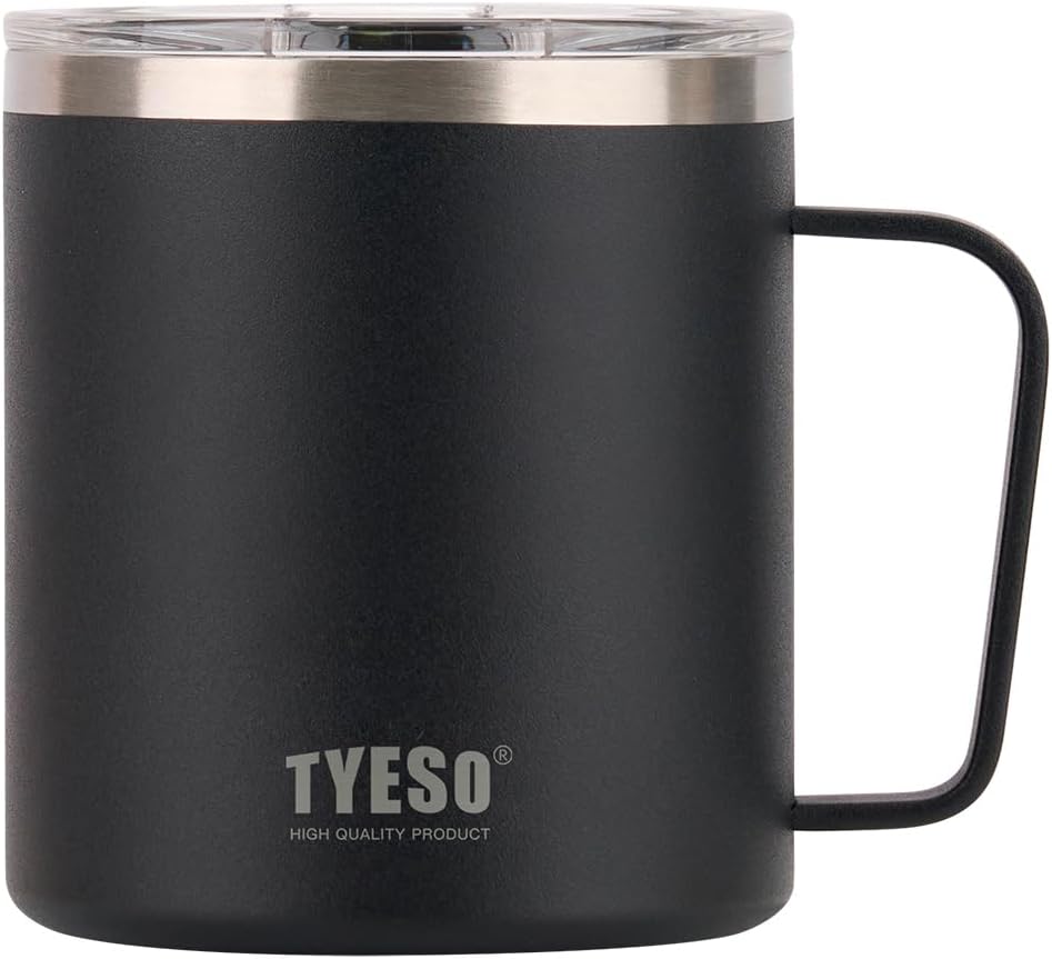 TYESO 14 oz Vacuum Insulated Mug Cup Stainless Steel Mug Coffee Mug with Lid Heat Insulation Cooling Direct Drip (Black)