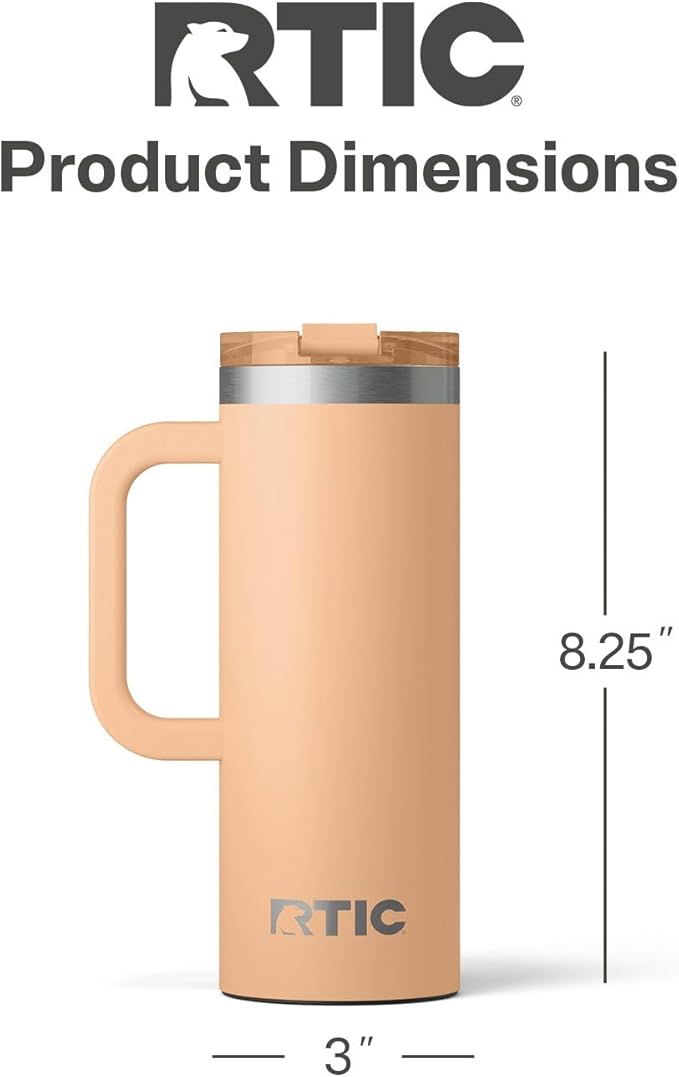 RTIC 20oz Road Trip Travel Mug with Lid and Handle, Ceramic Lined, Insulated, Stainless Steel, Metal, Double Wall Vacuum-Insulation, Portable Coffee, Tea Cup for Hot and Cold Drink, Peach Tea