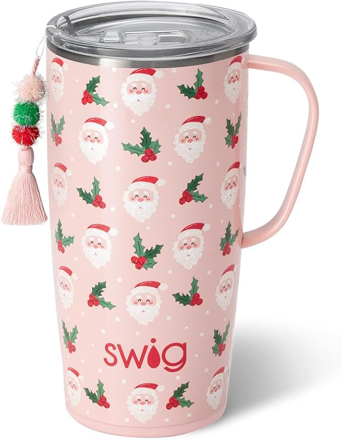 Swig Life 22oz Travel Mug, Insulated Tumbler with Handle and Lid, Cup Holder Friendly, Dishwasher Safe, Stainless Steel, Travel Coffee Cup, Insulated Mug with Lid (Holly Jolly)