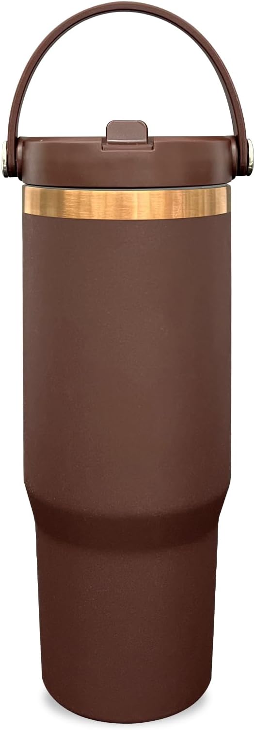 30 oz Tumbler with Handle and Straw, Vacuum Insulated Tumblers with Flip Straw and Top Handle, Leakproof Powder Coated Tumbler, Stainless Steel Travel Mug for Coffee Water (Browm, 1Pack)