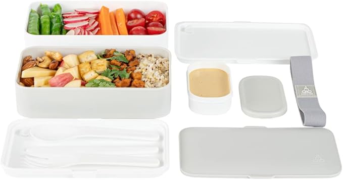 Restaurantware-Bento Tek 40.5 Ounces Stackable Lunch Meal Box, 1 Reusable Adult Lunch Container - With Utensils, Included Sauce Cup, Gray & White Plastic Layered Meal Box, Microwavable, Dishwashable