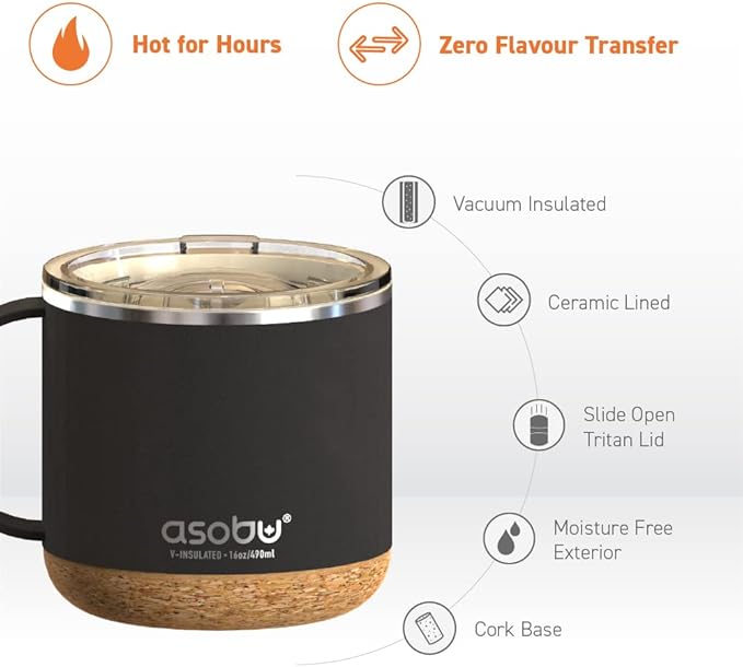 asobu Ultimate Ceramic Travel Mug, 16oz Insulated Stainless Steel Coffee Cup with Handle & Splash-Resistant Lid, Ceramic Lined for Pure Taste, BPA-Free, Double-Wall Vacuum with Built-In Coaster