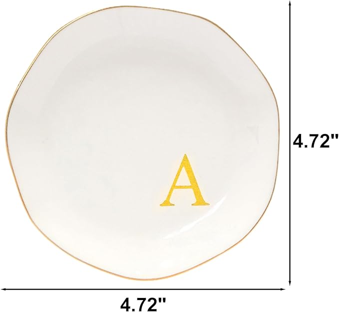 Ceramic Jewelry Tray Initial Ring Dish Personalized A-Monogrammed Engagement Wedding Gifts, for Birthday Mother's Day Christmas for Women, Ceramic White 4.75" (A)
