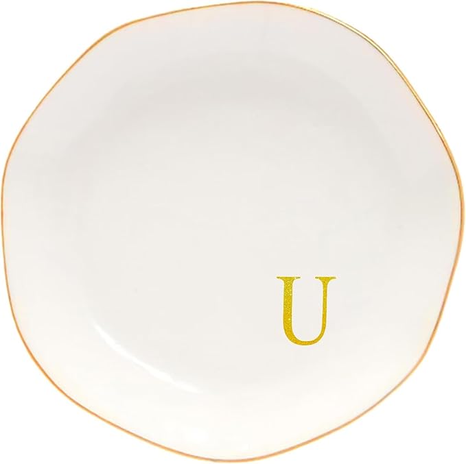 Ceramic Jewelry Tray Initial Ring Dish Personalized E-Monogrammed Engagement Wedding Gifts, for Birthday Mother's Day Christmas for Women, Ceramic White 4.75" (U)