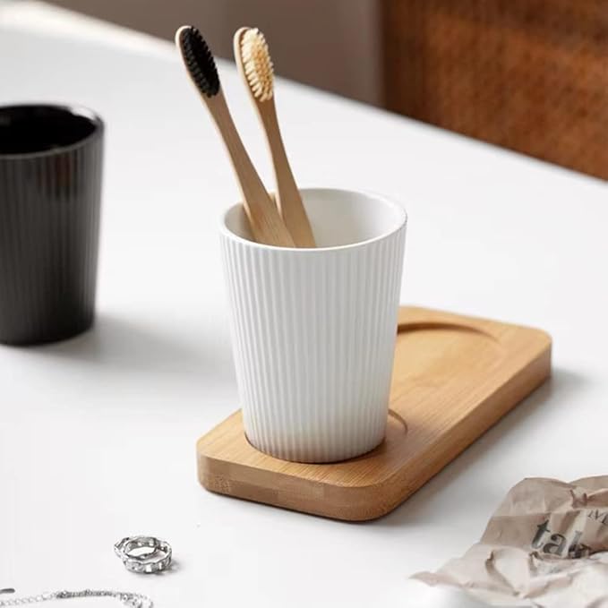 Simple Vertical Pattern Ceramic Wash Cup for Mouthwash - Home & Hotel Toothbrush Cup (White & Blue)