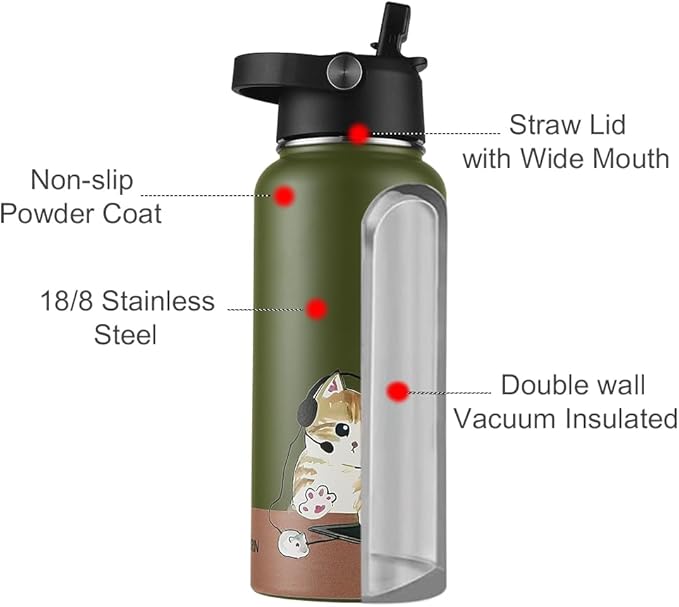 Funkrin Insulated Water Bottle with Straw Lid & Spout Lid, 32oz Personalized Vacuum Stainless Steel Travel Mug, Leak Proof Double Wall Bottle for Hot & Cold Beverages
