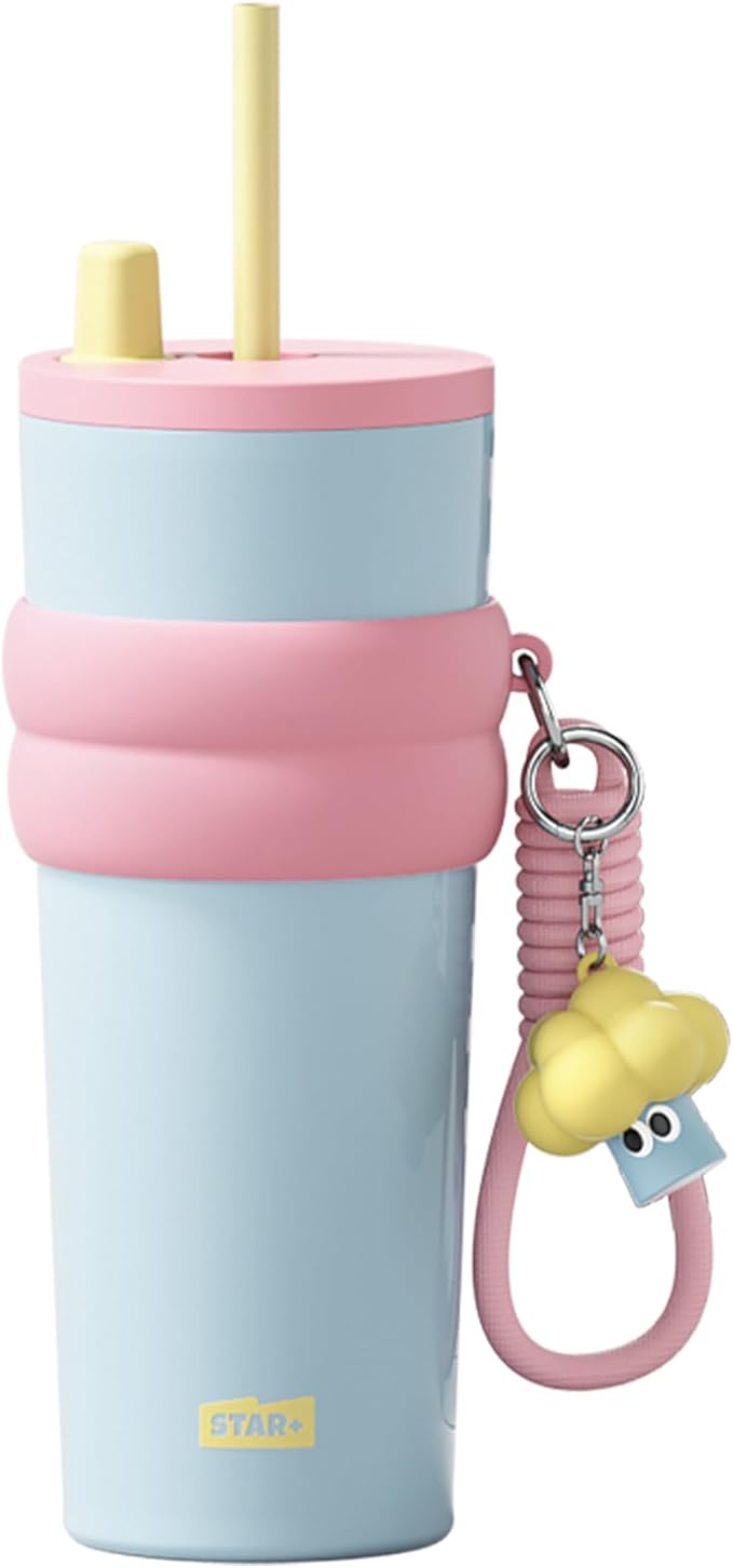 24 oz Stainless Steel Tumbler with Lid and Straw, Insulated Water Bottle Leak Proof for Hot and Cold, Portable Travel Coffee Mug, Reusable Coffee Cup for Women, Blue