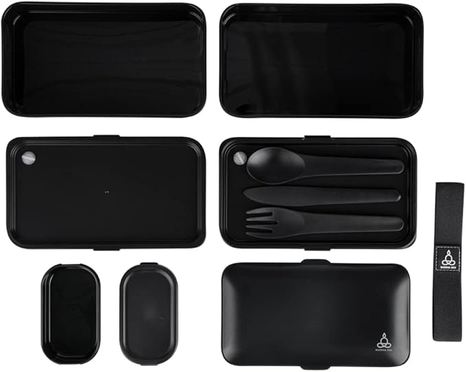 Restaurantware Bento Tek 40.5 Ounces Stackable Lunch Box 1 Reusable Adult Lunch Container - With Utensils Included Sauce Cup Black Plastic Layered Lunch Box Microwavable Dishwashable