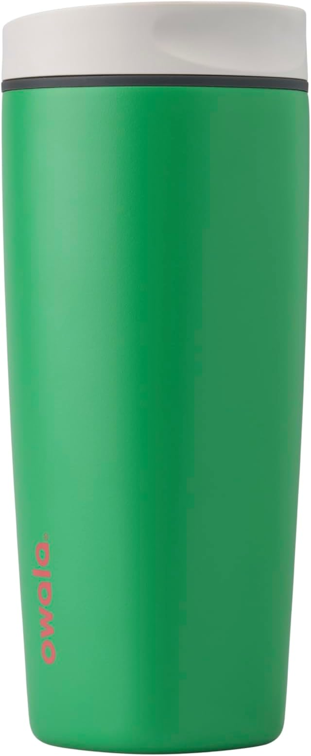 Owala SmoothSip Slider Insulated Stainless Steel Coffee Tumbler, Reusable Iced Coffee Cup, Hot Coffee Travel Mug, BPA Free 20 oz, Grey/Green (Sour Apple)