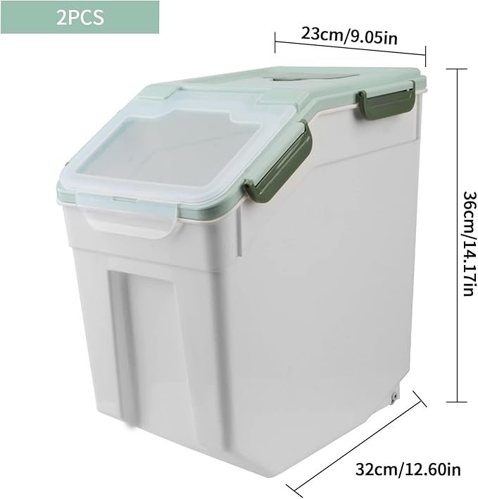 AnRui Airtight Flour Storage Container 25lb, Plastic Grain Storage Bucket, Rice Cereal Dispenser Organizer Box with Lid, Cat Dog Food Storage Bin with Measuring Cup, Scoop, Wheels, 2Pcs Green